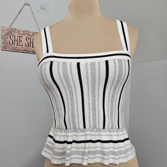 Banana Republic Tops - Banana Republic Knit Sweater Peplum Tank Top XS White Black Stripe